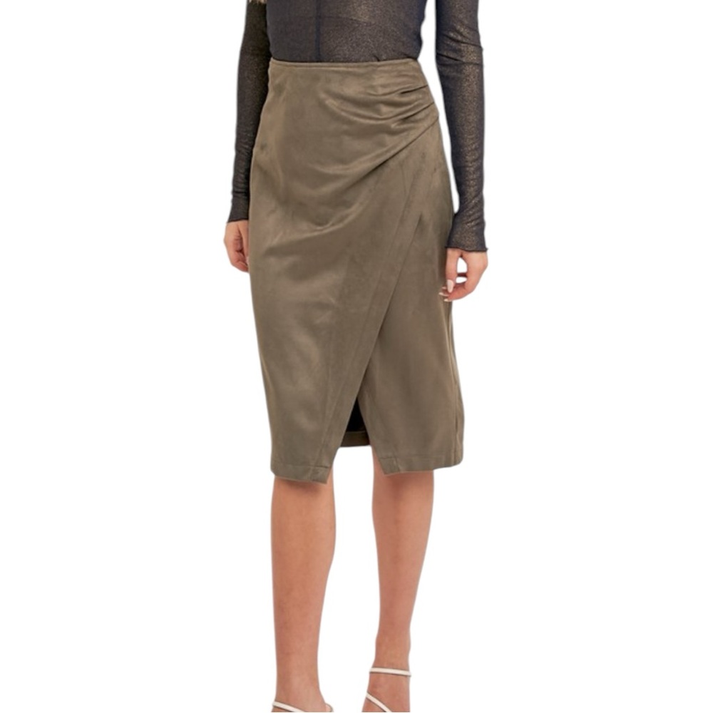 215. Olive Microsuede Pleated Crossover Midi Skirt NWT